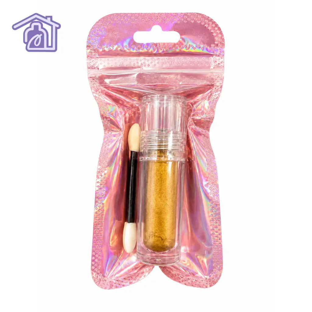 aplique liquido dorado para unas en frasco transparente con aplicador de esponja y empaque metalizado rosado