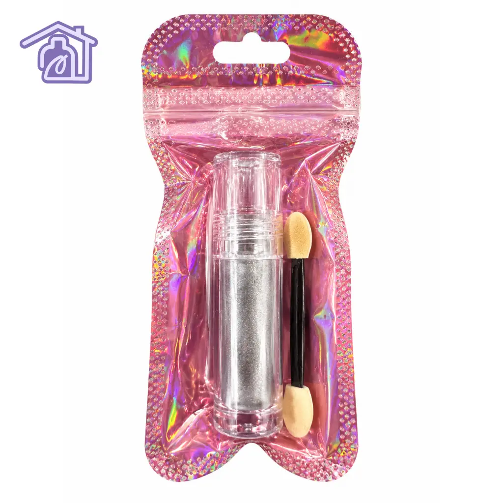 aplique liquido boreal para unas efecto aurora en frasco transparente con aplicador de esponja y empaque metalizado rosado