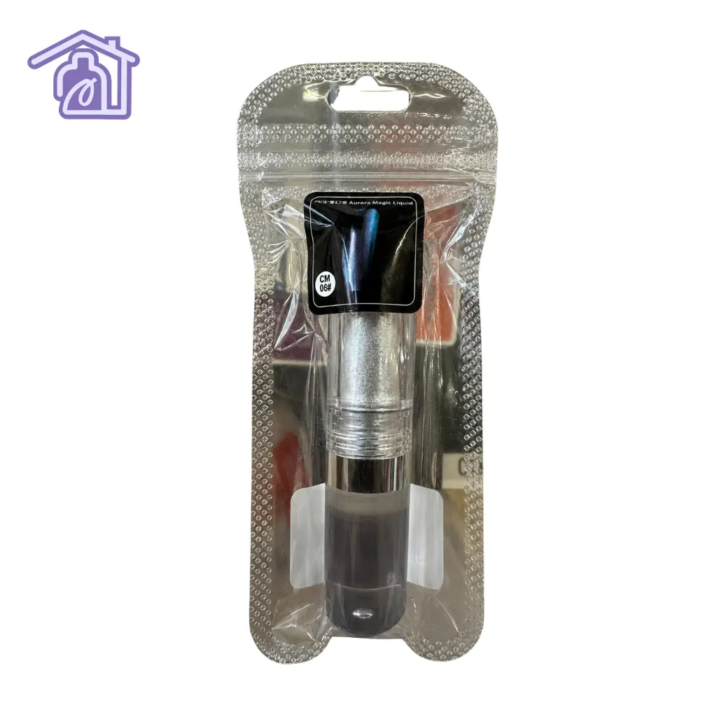 aplique liquido boreal para unas efecto aurora en frasco transparente con aplicador de esponja y empaque metalizado rosado