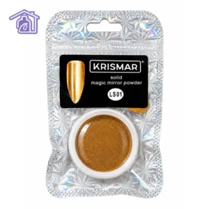 polvo efecto espejo solido krismar ls01 tono dorado en tarro compacto con empaque holografico