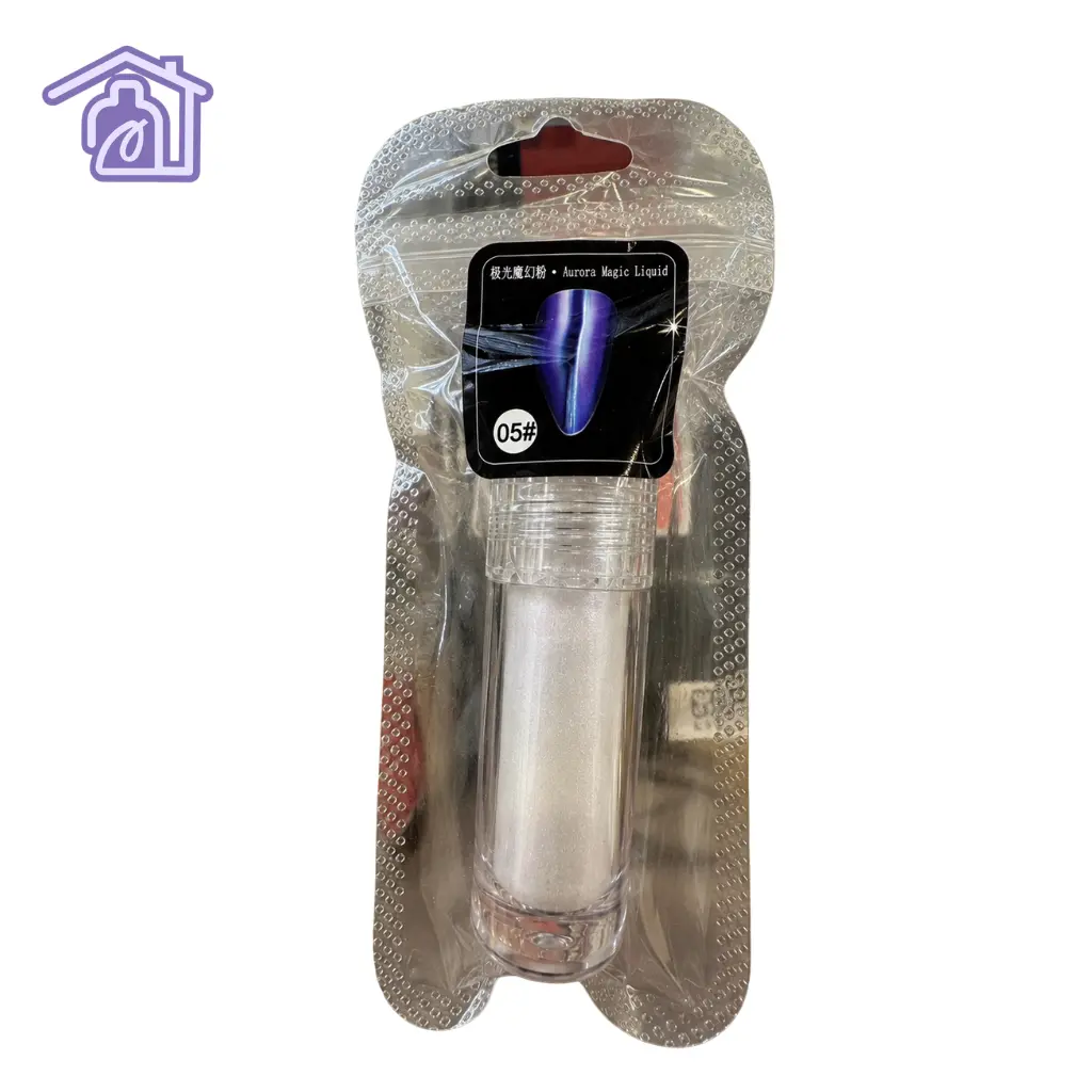 aplique liquido boreal aurora magic liquid 05 en frasco cilindrico transparente con aplicador de esponja y empaque de proteccion