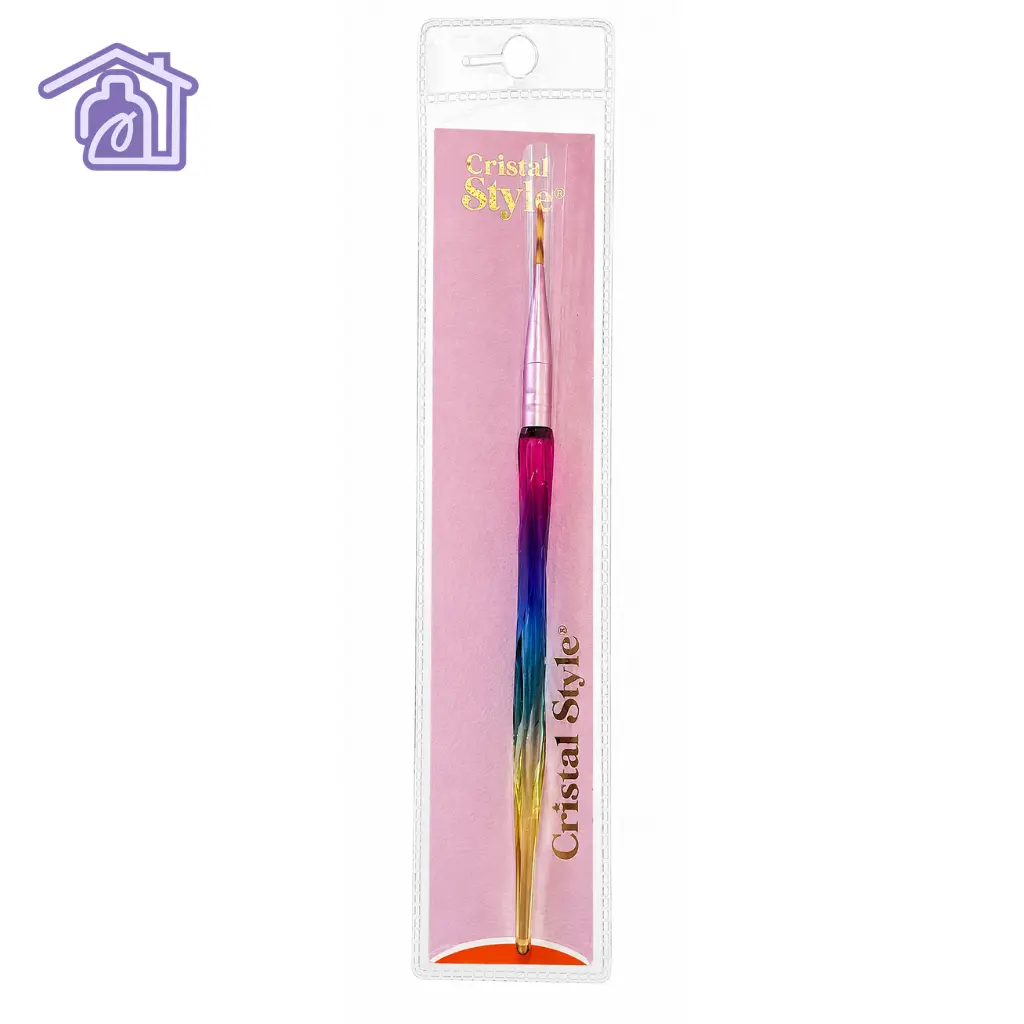 pincel difuminador cristal style para decoracion de unas con mango multicolor y cerdas desfiladas en empaque transparente