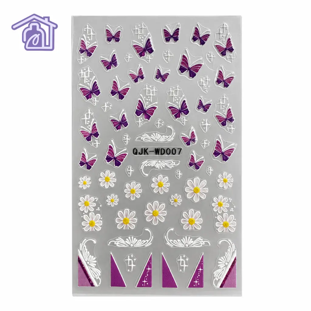 stickers adhesivos para uñas mariposas moradas y margaritas blancas qjk wd007