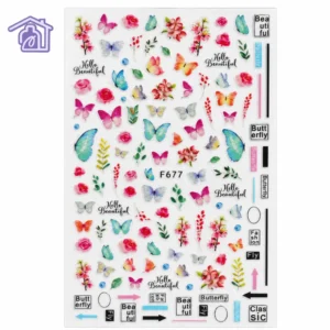 stickers adhesivos para uñas mariposas multicolor flores rosadas y palabras f677